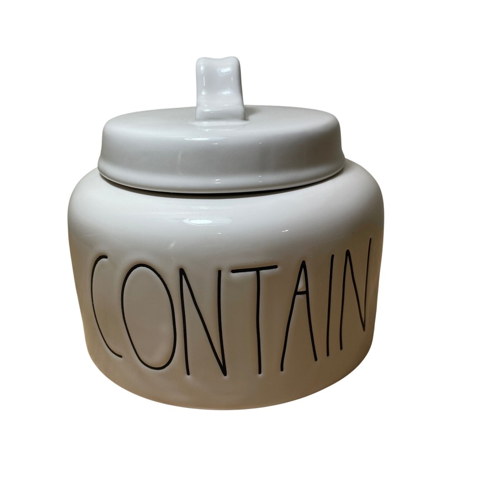 Rae Dunn Artisan Collection CONTAIN Ceramic Canister White Jar with Lid Magenta